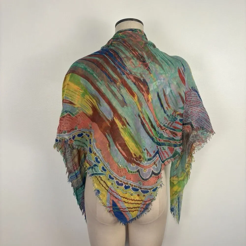 Vibrant Multi Color Paisley Abstract Scarf Large Square Lightweight Fringed